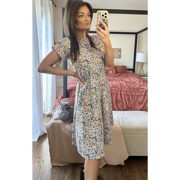 60’s Expertly Handmade Black Floral Handmade Dress Pockets Elastic Waist - Picture 5 of 8